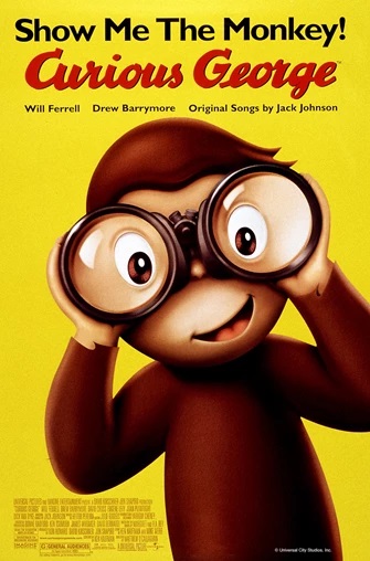 Image depicting a monkey holding binoculars with the movie title "Show me the monkey Curious George".