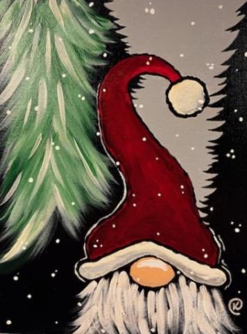 gnome with a santa hat, gray background, tree, and snow