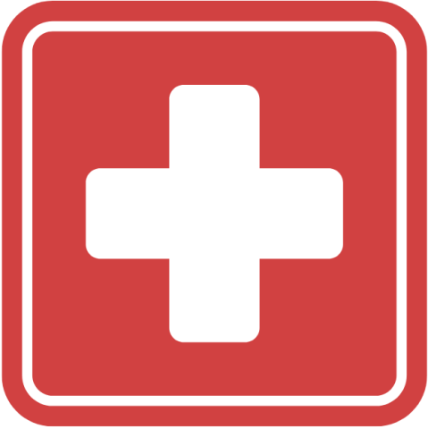 Red square with white plus sign in the middle representing the first aid icon