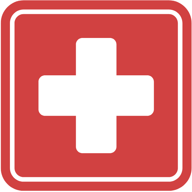 Red square with white plus sign in the middle representing the first aid icon